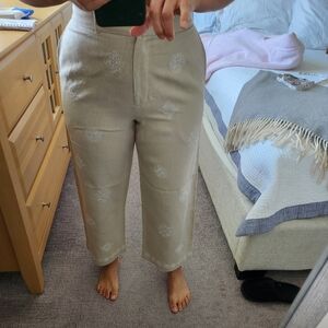 Embroidered Cream Cropped Pants